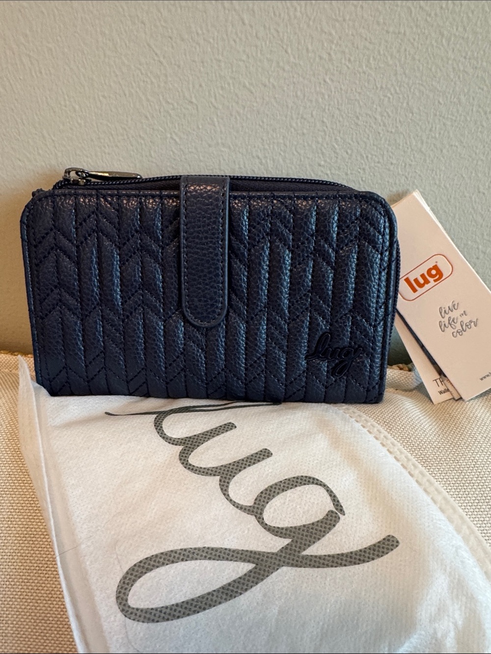 Rare Lug Classic Vegan Leather Tram Wallet Navy Blue arrow quilting